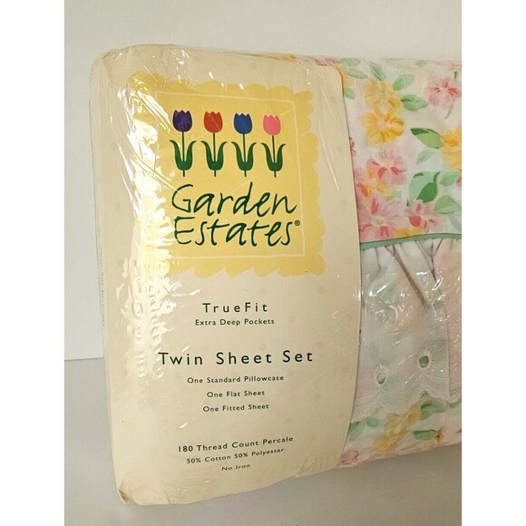 Vtg Garden Estates Sarah Twin Bedding Pink Romantic Spring Floral Eyelet Lace - Picture 2 of 12